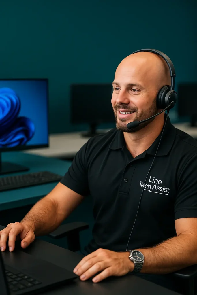 Technician offering live phone tech support for computers and devices.
